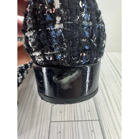Kate Spade Blue Gino Tuxedo Tweed Loafer Heels Women’s 8M Black Bow Chunky Heel - Picture 8 of 10